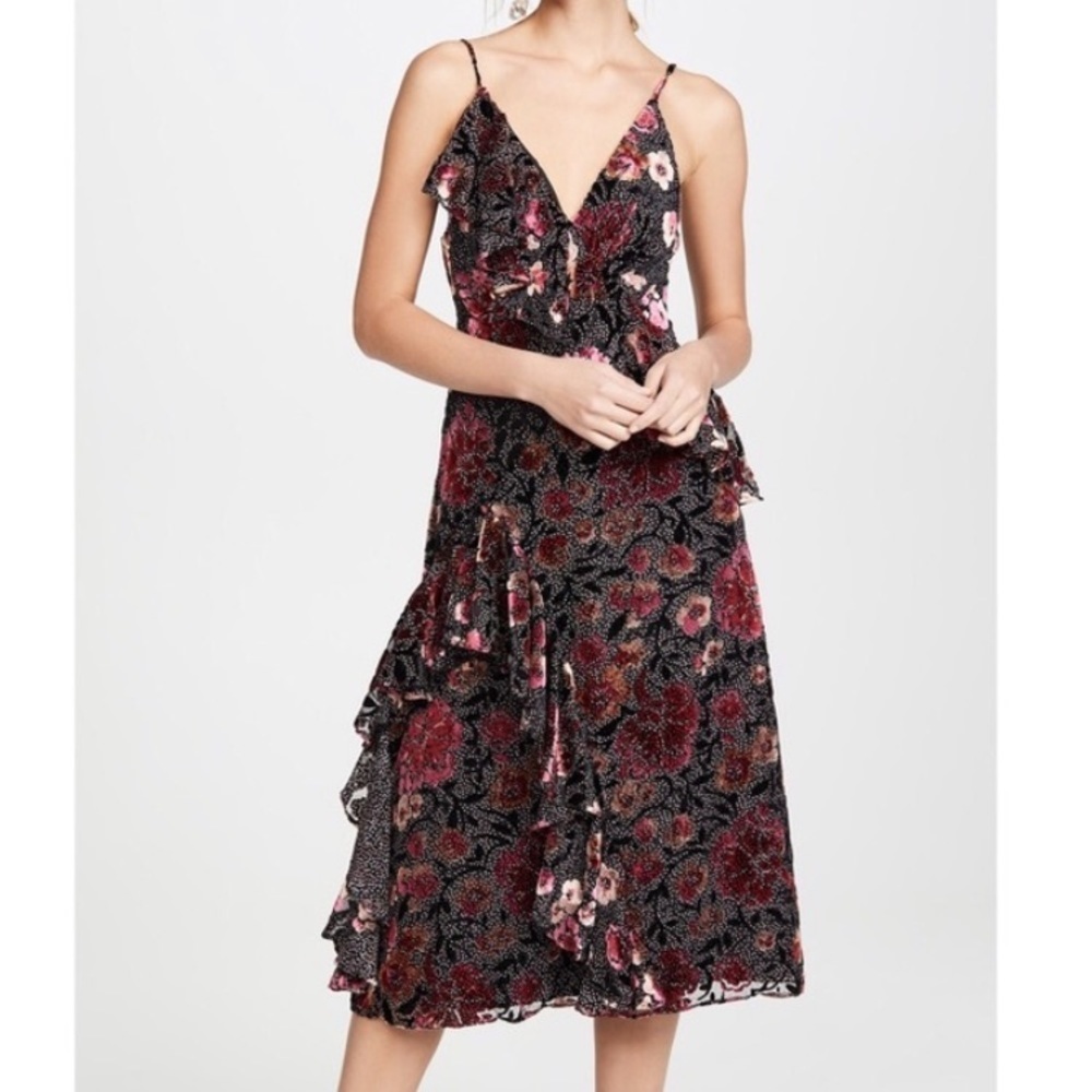 Jill Jill Stuart Dahlia Devore Floral Velvet V-Neck Ruffle Frill Midi Dress Sz 4
